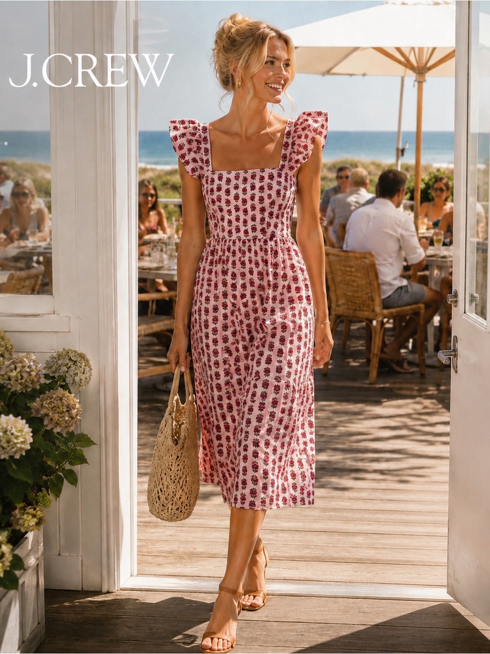 🌸J.Crew Pink Floral Square-Neck Midi Dress size size 00 Cottagecore Romantic